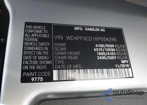 2019 Mercedes-Benz Sprinter 2500 High Roof V6/Standard Roof V6 из США, поврежденный, VIN WD4PF0CD1KP054290